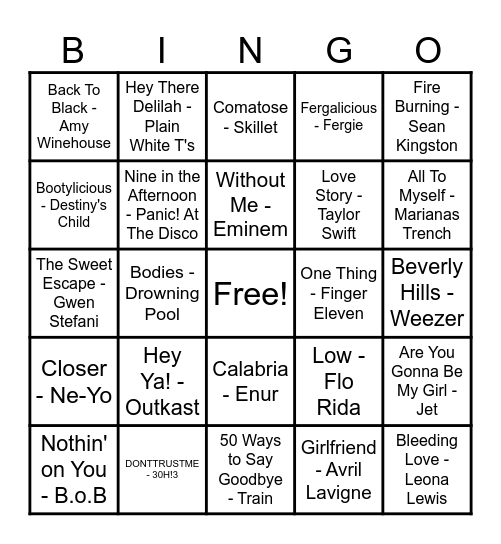2000s Hits! Bingo Card