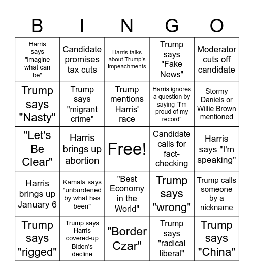 2024 Presidential Debate Bingo Card