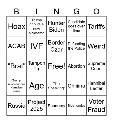 Trump Vs Kamala Debate Bingo Card