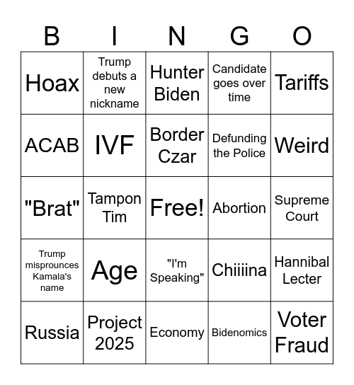 Trump Vs Kamala Debate Bingo Card