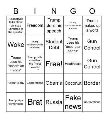2024 PRESIDENTIAL DEBATE Bingo Card