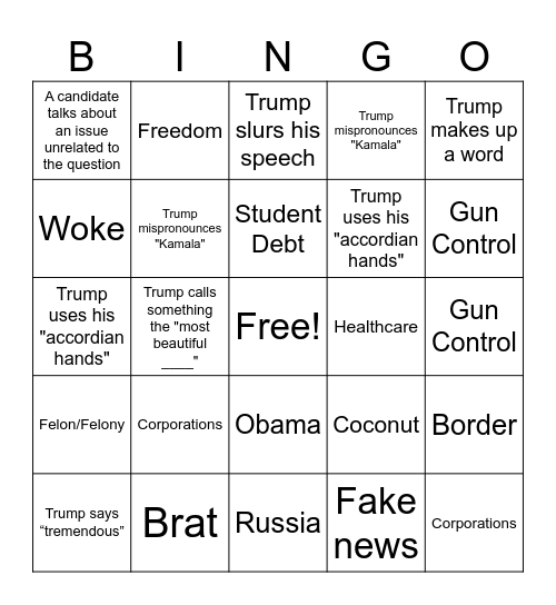 2024 PRESIDENTIAL DEBATE Bingo Card
