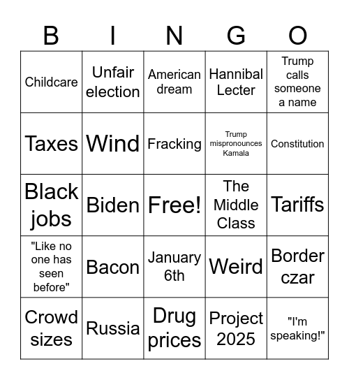 Trump v Harris Bingo Card