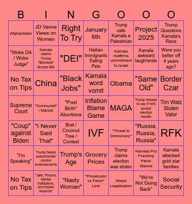 Debate Night Bingo Card