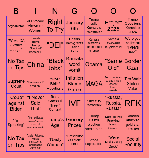 Debate Night Bingo Card