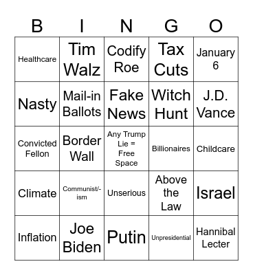 Presidential Debate Bingo Card