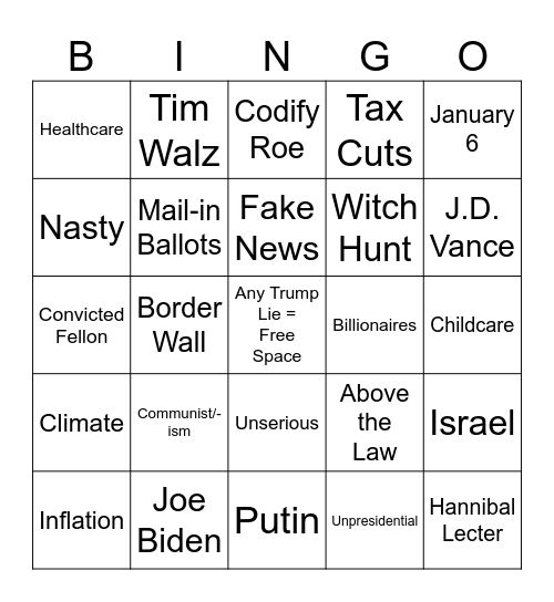 Presidential Debate Bingo Card