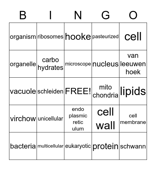 All About Cells Bingo Card