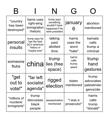 chris' 2024 presidential debate bingo Card