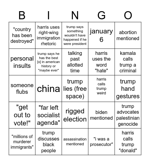 chris' 2024 presidential debate bingo Card