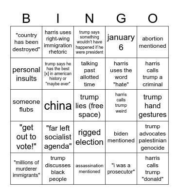 chris' 2024 presidential debate bingo Card