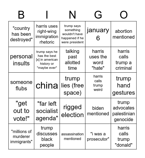 chris' 2024 presidential debate bingo Card