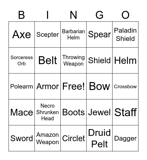 Diablo 2 Item Bingo Card