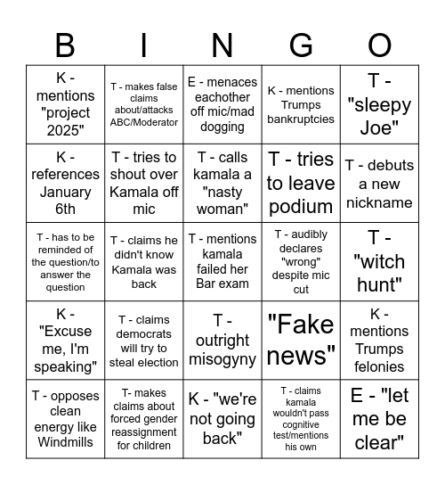 Debate Bingo Card