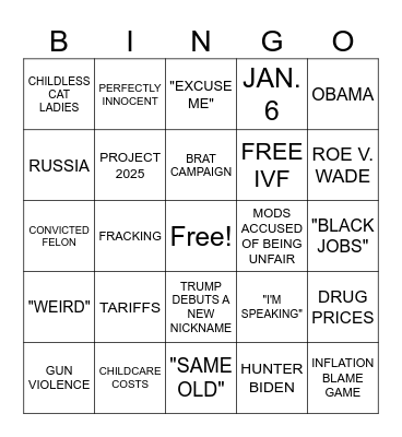 Presedential Debate Bingo Card Bingo Card