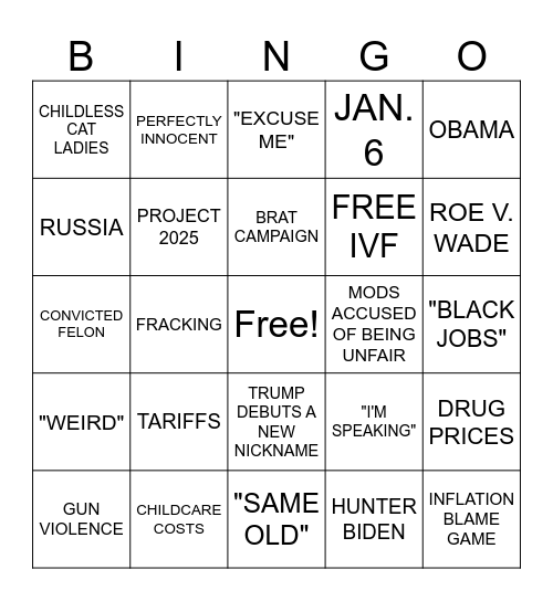 Presedential Debate Bingo Card Bingo Card