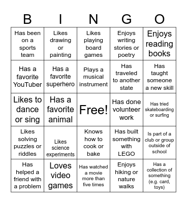 Getting to know you Bingo Card