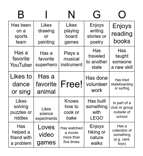 Getting to know you Bingo Card