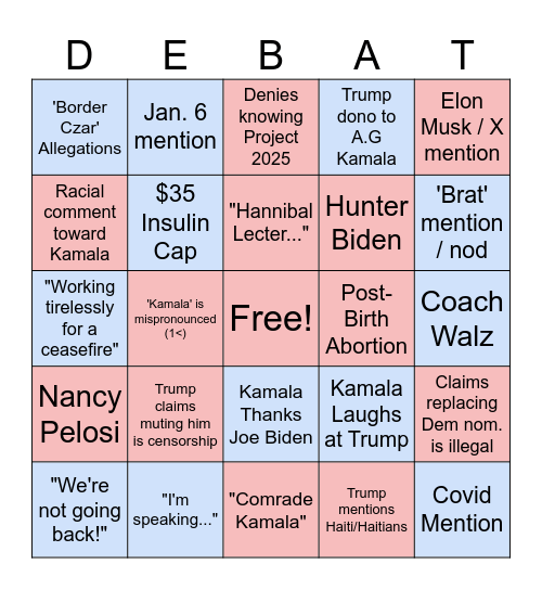 Harris / Trump Debate #1 Bingo Card