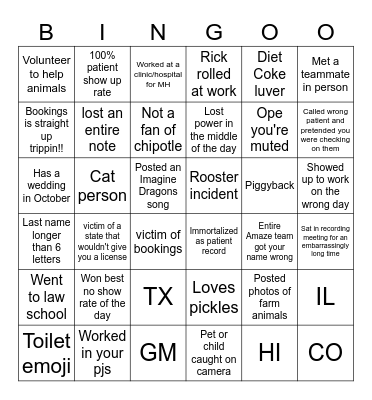 Mental Team Bingo Card