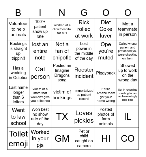 Mental Team Bingo Card