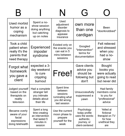 Therapy Life Bingo Card