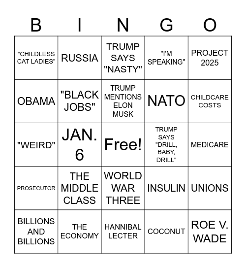 KAMALA VS TRUMP DEBATE BINGO Card