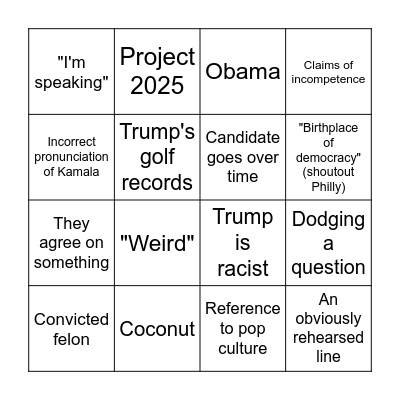 Harris-Trump Debate Bingo Card