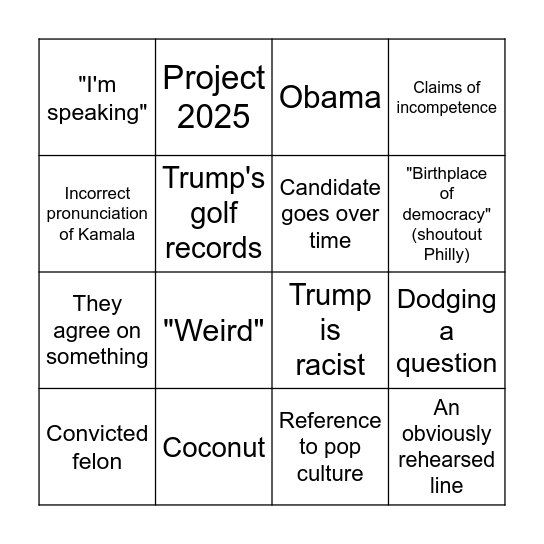 Harris-Trump Debate Bingo Card