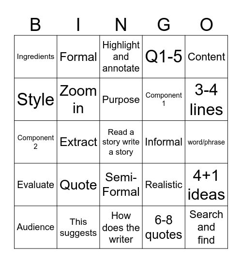 Miss Moss's Bingo Card