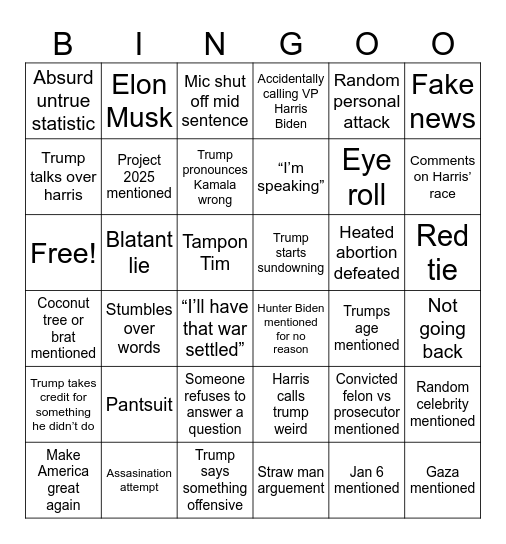 2024 Presidential debate Bingo Card