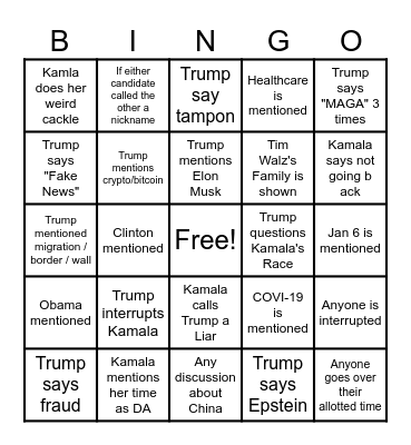 TRUMP-KAMALA DEBATE 9/10/24 Bingo Card