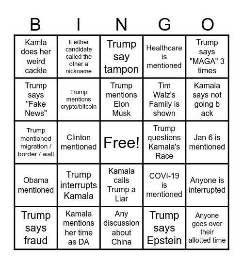 TRUMP-KAMALA DEBATE 9/10/24 Bingo Card