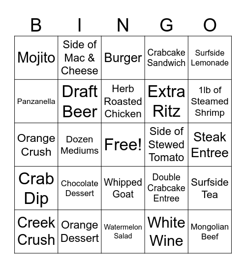 Wharf 38 Dinner Bingo Card