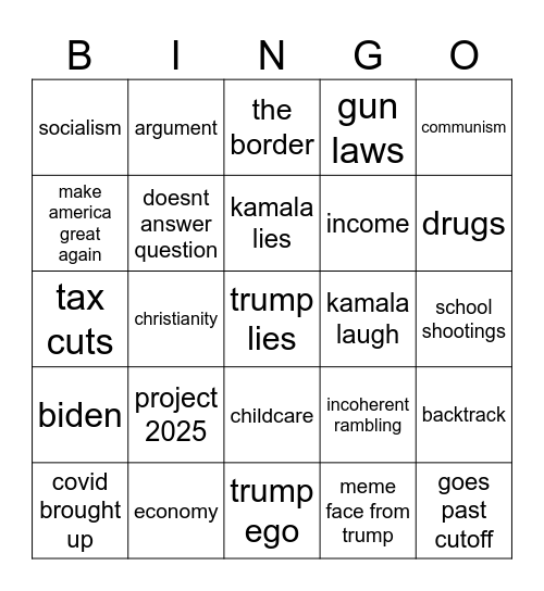 2024 September Presidential Debate Bingo Card