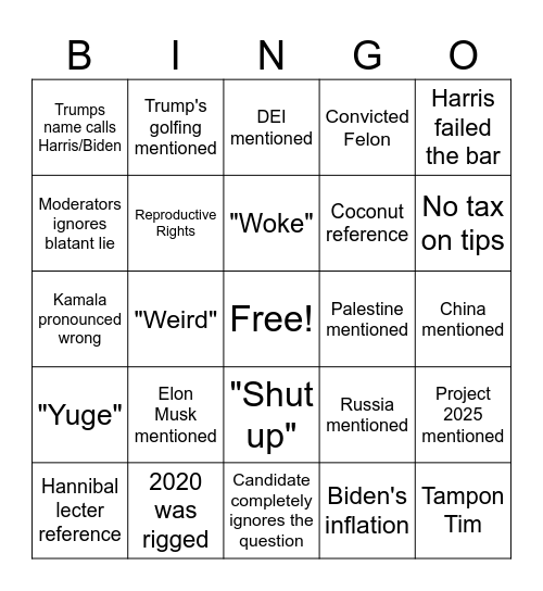 Presidential Debate Bingo Card