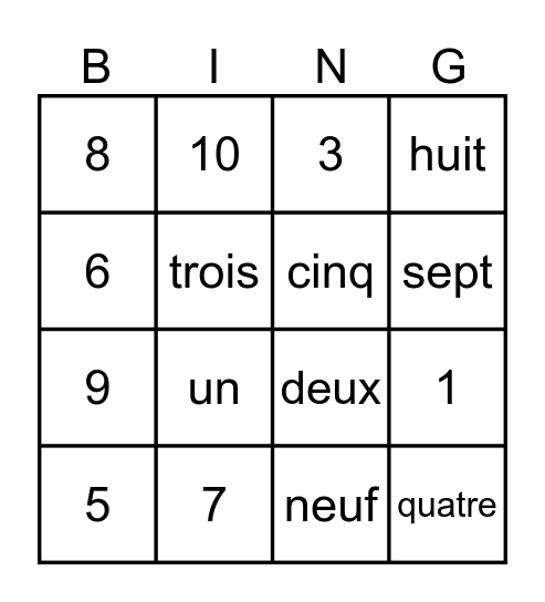 Les numeros Bingo Card