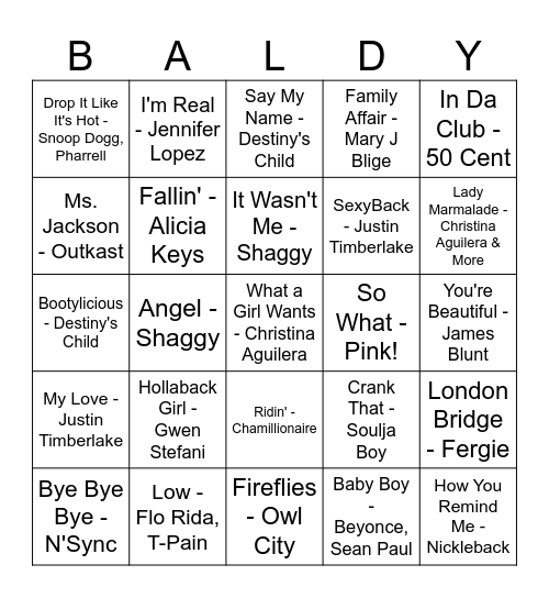 2000's #1 Hits Bingo Card