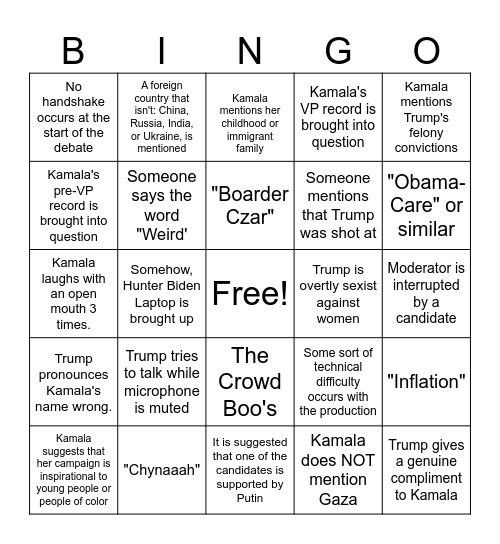 Presidential Election 10 Sept 2024 Bingo Card