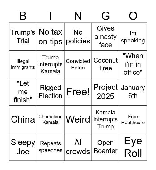 Presidential Debate Bingo Card Bingo Card