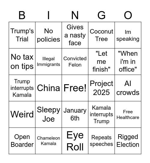 Presidential Debate Bingo Card Bingo Card