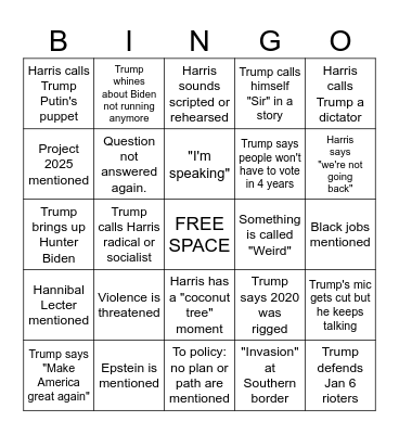 2024 Harris v. Trump Debate Bingo Card