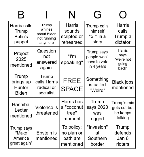 2024 Harris v. Trump Debate Bingo Card