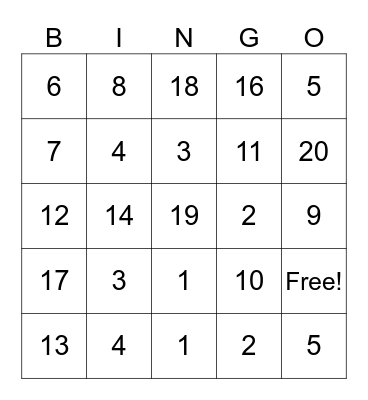 Addition Bingo Card
