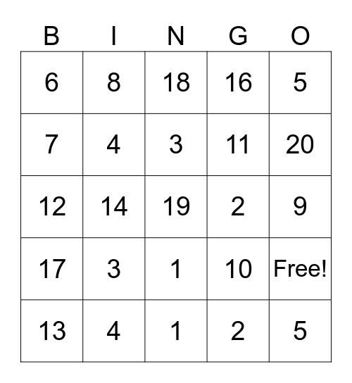 Addition Bingo Card