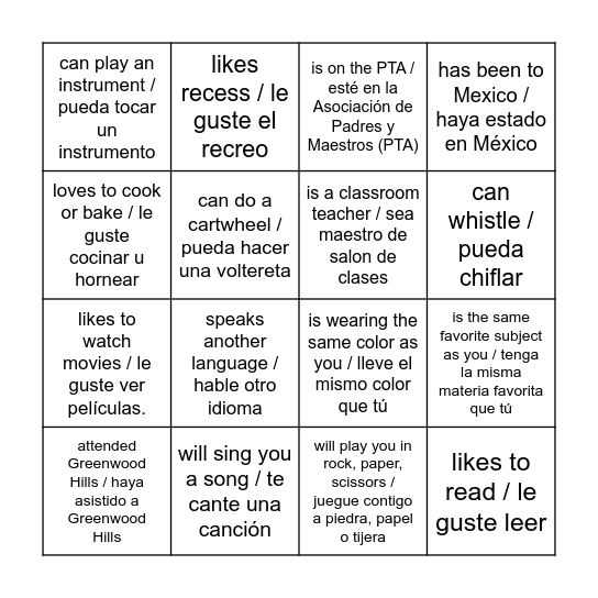 Find Someone who… / Encuentra a alguien que... Bingo Card