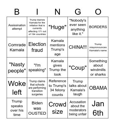 Debate Night Bingo Card