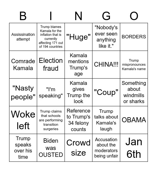 Debate Night Bingo Card