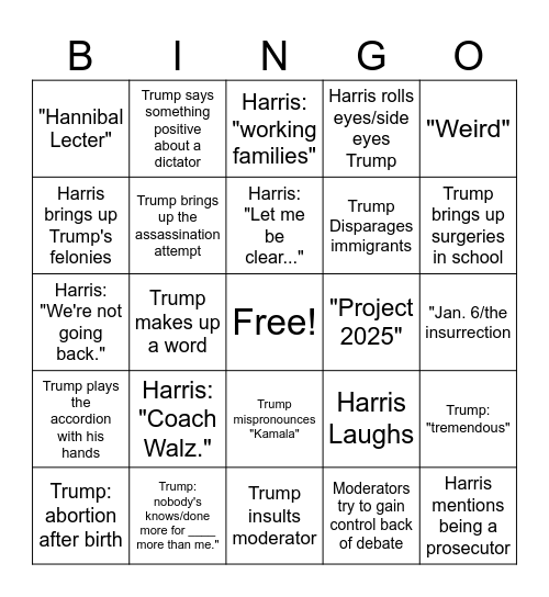 2024 Presidential Debate Bingo Card