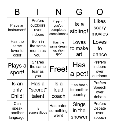 Human Bingo! Bingo Card